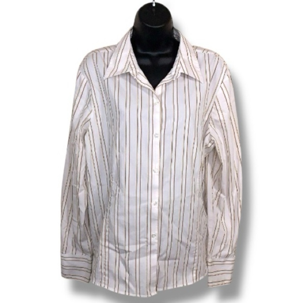 Vintage 90s XL George White Brown Striped Button Up Top Stretch Cotton Neutral